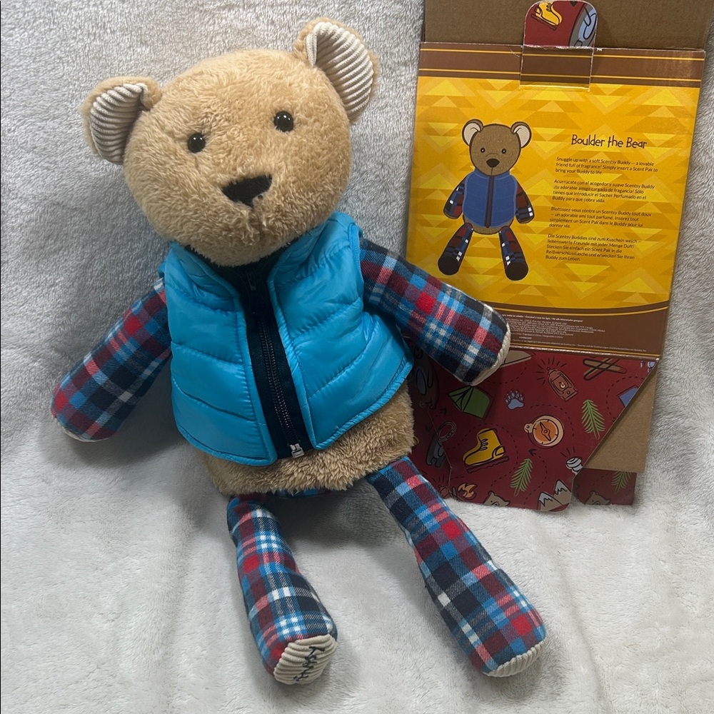 Retired!! Scentsy Boulder the Bear with Blue Vest and Plaid Design